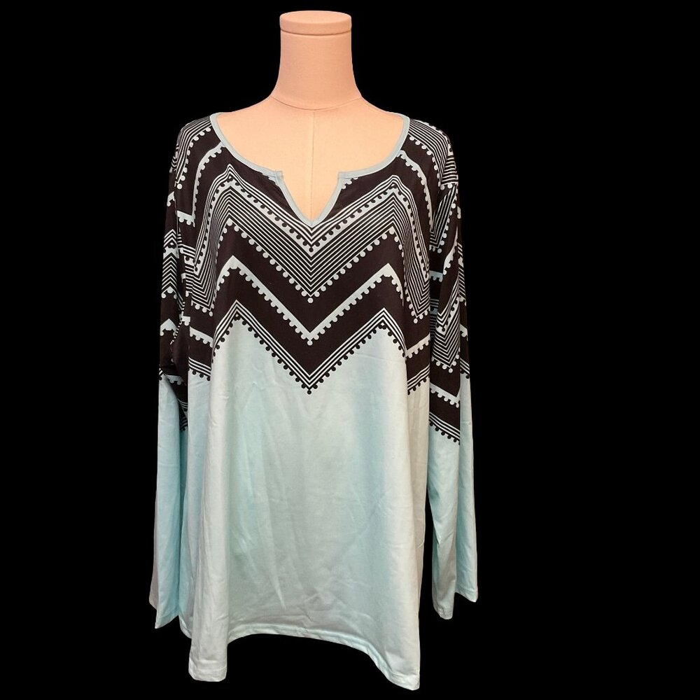 Blue/Black Geometric Print V-Neck Long Sleeve Tee